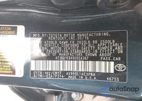 2016 Toyota Avalon Hybrid Limited from USA, damaged, VIN 4T1BD1EBXGU054367